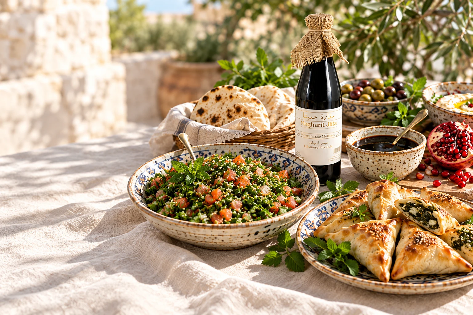 Lebanese pantry products and food on a sunlit table