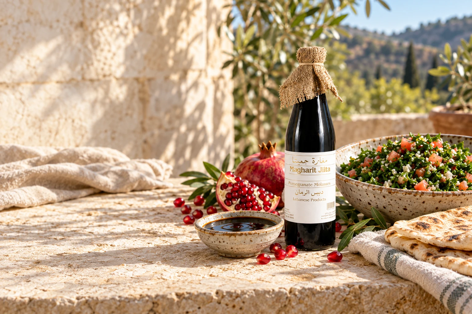 Lebanese pantry products and food on a sunlit table